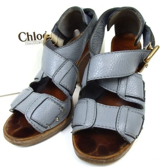 Chloe Shoes - Chloe Heel Sandals Calfskin Wood light blue chunky